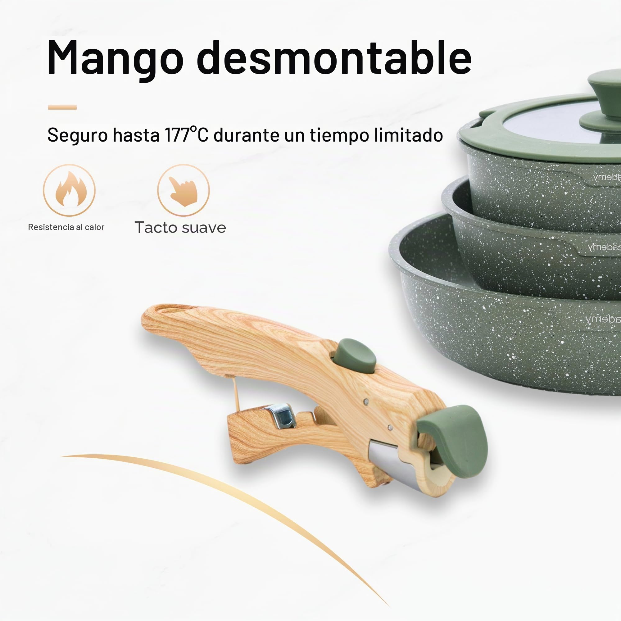 Juego de Sartenes Antiadherente 10 piezas con Mango Desmontable Verde | Juego de Cocina con Tapa de Cristal, Desmontable, Textura de Mármol, Apta para Inducción, Gas y Microondas