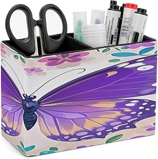 Cute Purple Butterfly Pen Holders for Desk Small Remote Control Holder Leather Pencil Cup with Double Compartments Desktop Organizer for Table Desk Office Space Saving
