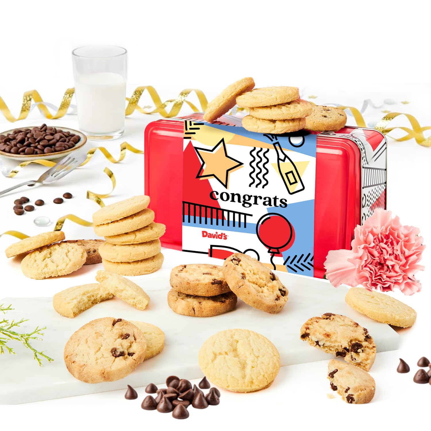 David’s Cookies Congratulations Shortbread Cookies Gift Tin – Original Pure Butter and Chocolate Chip Shortbreads in Sweet Sampler – Gourmet Dessert