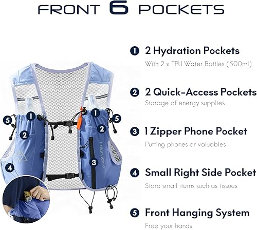 Miniatura 4 de Haimont Chaleco de hidratación para correr con botellas de agua para hombres y mujeres, chaleco hidratado ligero de 10 litros para correr por