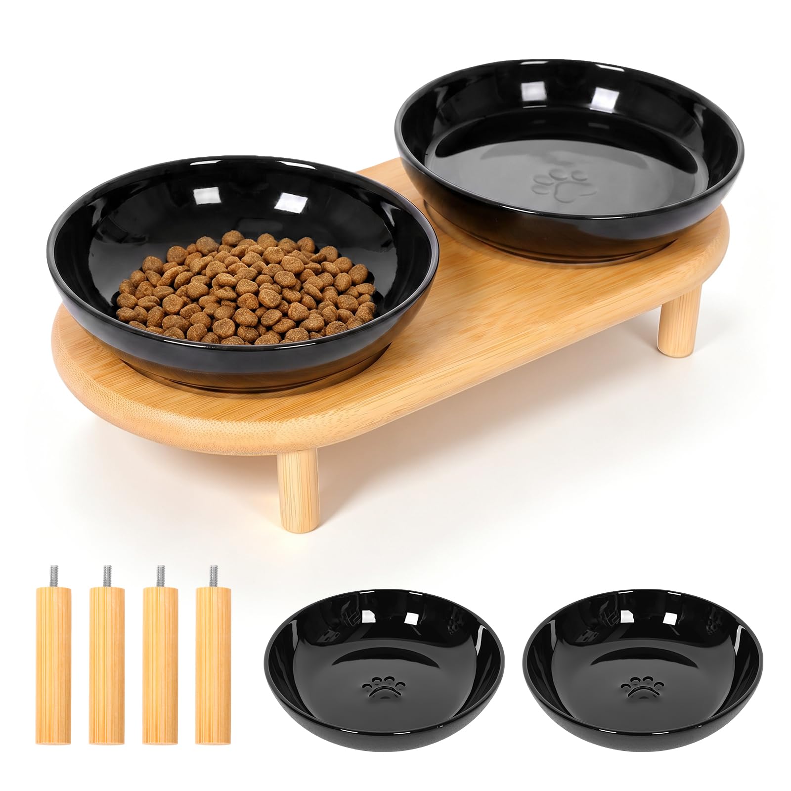 Ciotola rialzata per gatti con supporto in legno regolabile, ampia ciotola piatta in ceramica per cibo e acqua, ciotola antiscivolo per gatti a faccia piatta, gattini e animali domestici anziani (nero