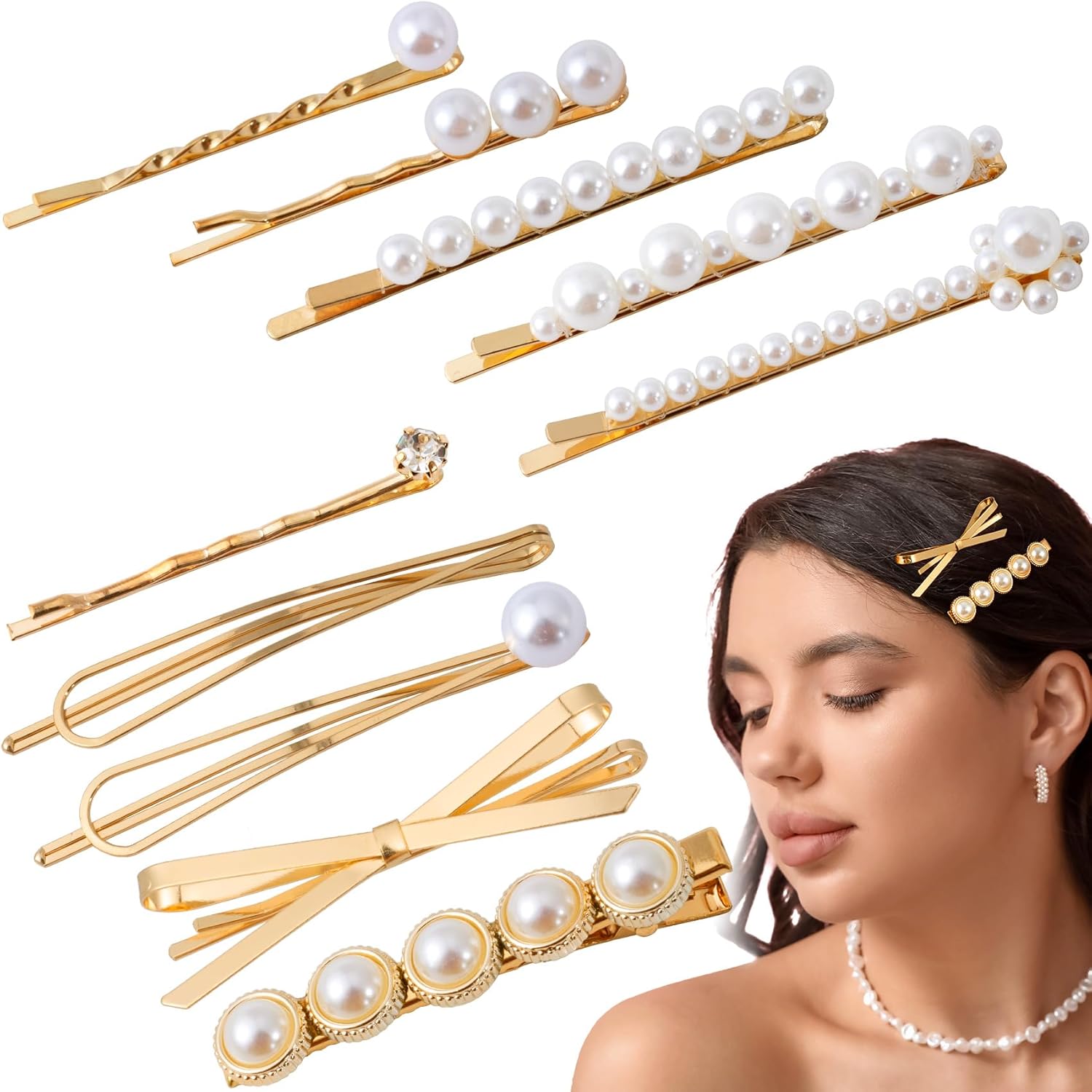 10pcs Artificial Pearl Bobby Pins, Gold Decorative Bobby Pins for Women, Glossy Metal Hair Barrettes Clips Jewelry Bridal Hair Accessories for Daily, Wedding, Party
