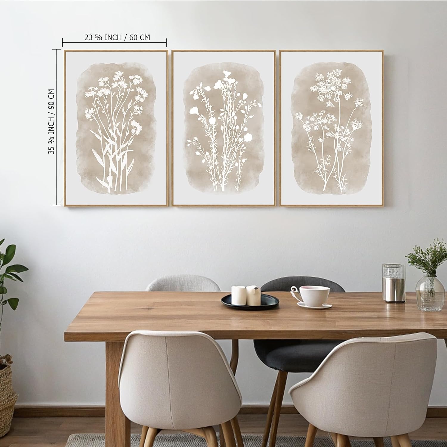 Boho Botanical Wall Art Neutral Wildflower Framed Canvas Wall Decor, Large Vintage Minimalist Floral Beige Prints for Farmhouse Living Room Bedroom Office- Set Of 3, 24x36 Inch, Ready to Hang