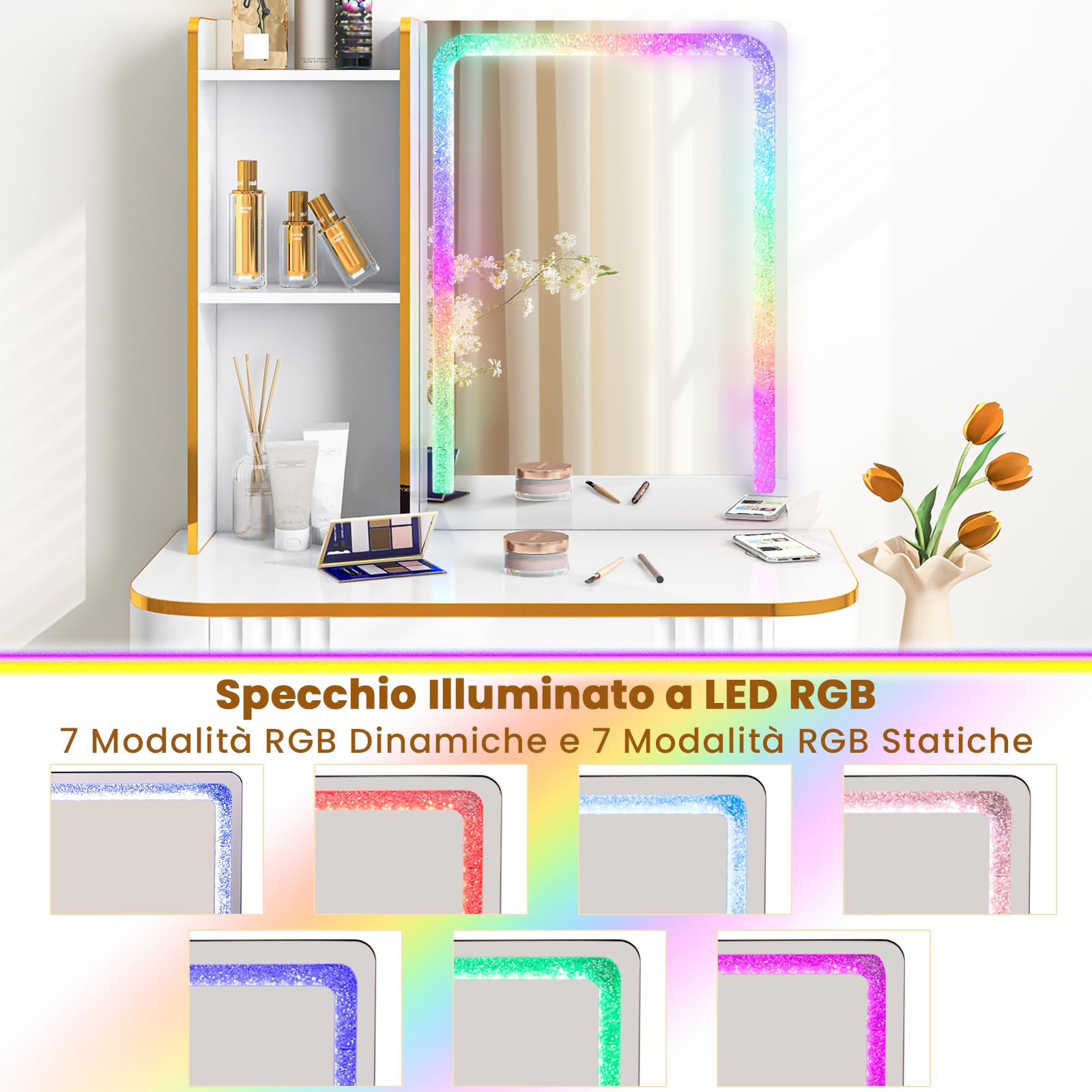 RELAX4LIFE Toeletta da Trucco con Luci LED, Tavolo da Trucco con Specchio, Set di Postazione Trucco con Porta USB/Type-C/Ricarica Wireless, per Camera da Letto, 80x40x137 cm (Bianco)
