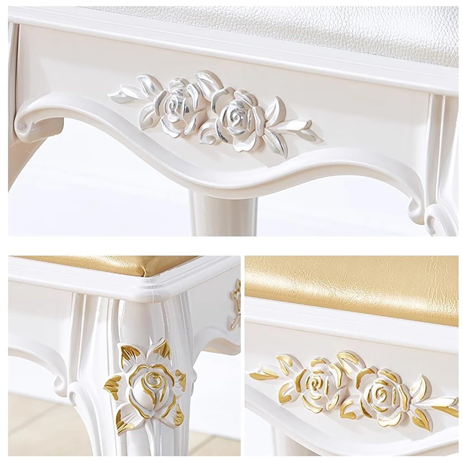 Eleganter, weißer Leder-Bank, stilvoll, gepolsterter Make-up-Hocker, schicker Ankleidestuhl für Schlafzimmer und Wohnzimmer, modernes geschnitztes Design, perfekte Wohnmöbel für Make-up und
