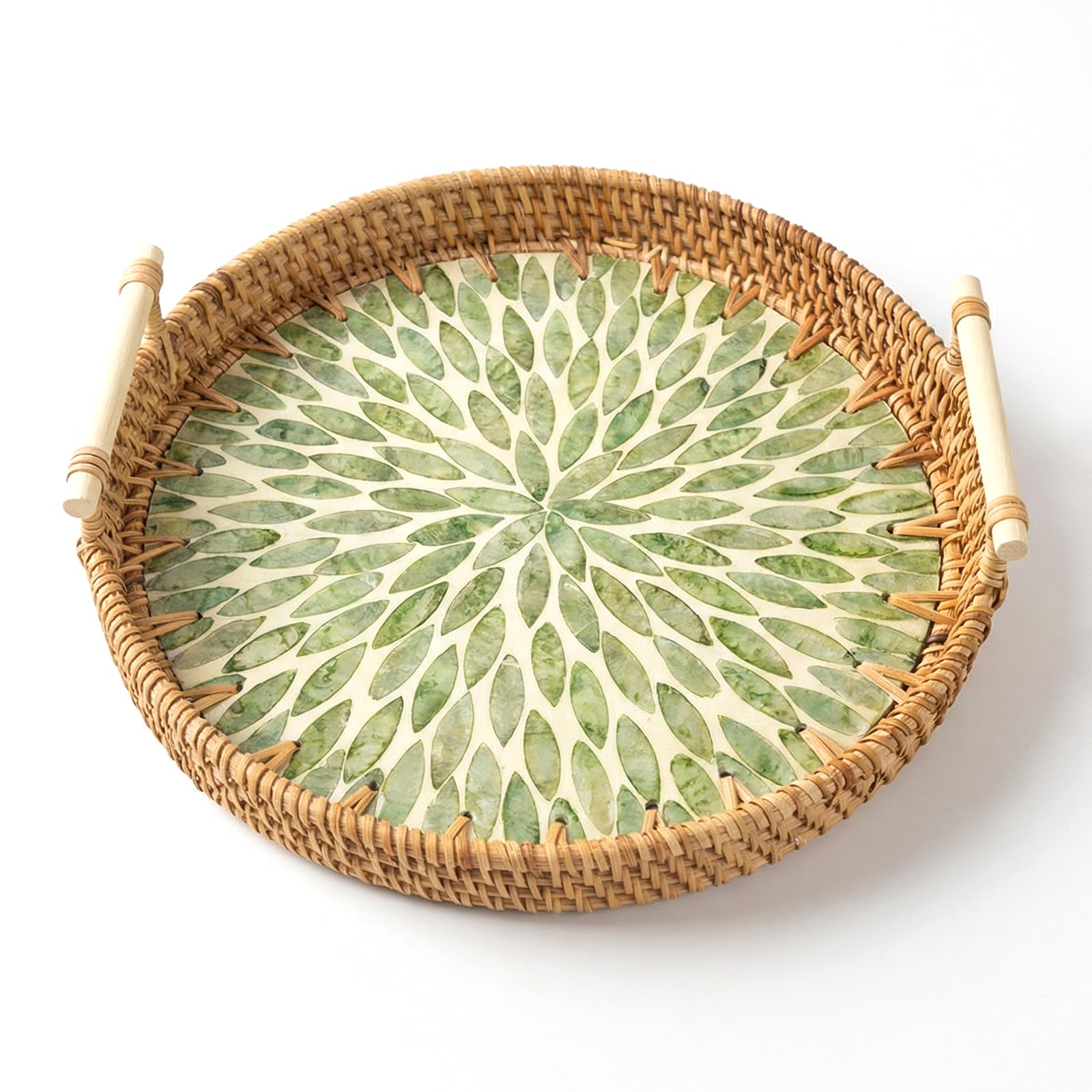 Green Round Rattan Serving Tray 28cm with Handles, Wicker Basket Tray with Mother of Pearl Inlay, Boho Decorative Fruit Tea Table Trays, Farmhouse & Home Dining Decor for Round Dining Table Tray