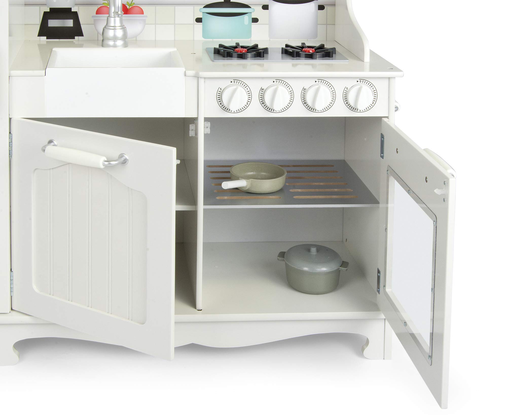 Leomark Biała Duża Drewniana Kuchnia, Luksusowa - zabawka, odgrywanie ról dla dzieci, Zabawa w Dom/Gotowanie, Zestaw do Gotowania, Kuchnia Retro Big Vintage Zabawa i Edukacja! 92 x 29,5 x 102 cm
