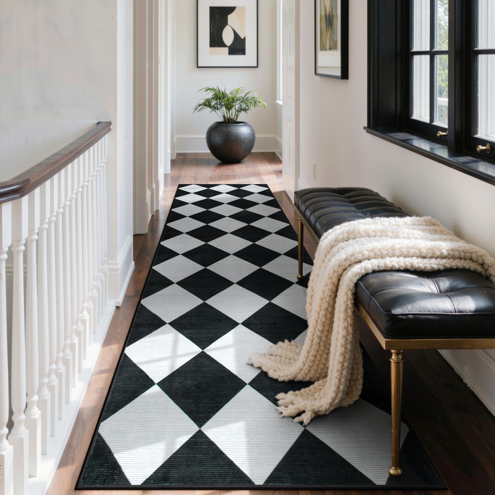 Tapis de couloir antidérapant style vichy 0,6x1,8 m lavable