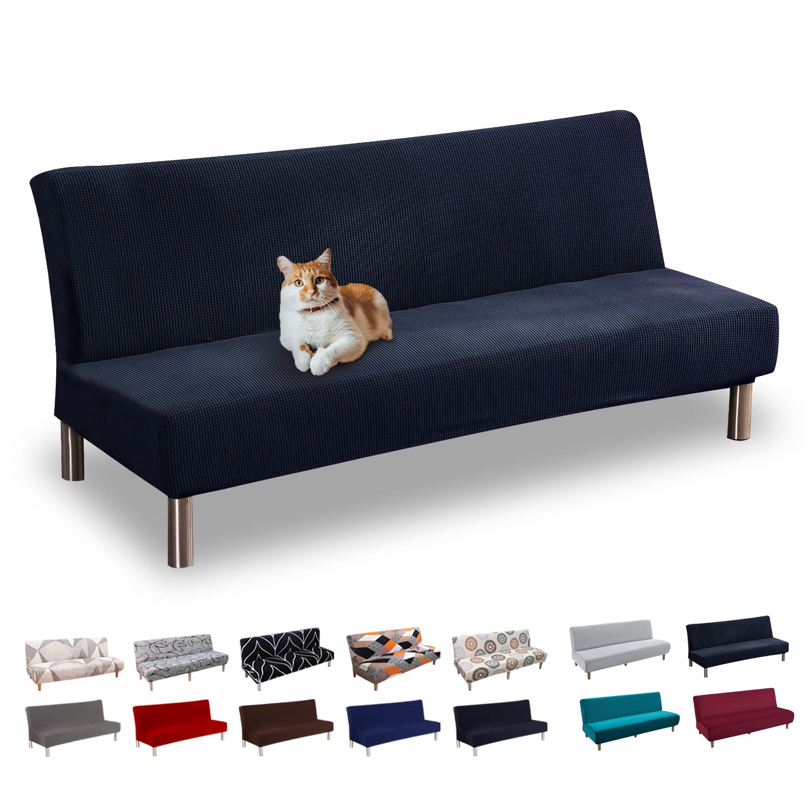 Lydevo Copridivano 3 Posti Senza Braccioli Elasticizzato Universale, Copridivano Letto Pieghevole Clic Clac Lavabile Rimovibile Estraibile, Fodera per Divano Futon per Soggiorno Casa,Jacquard Blu Navy