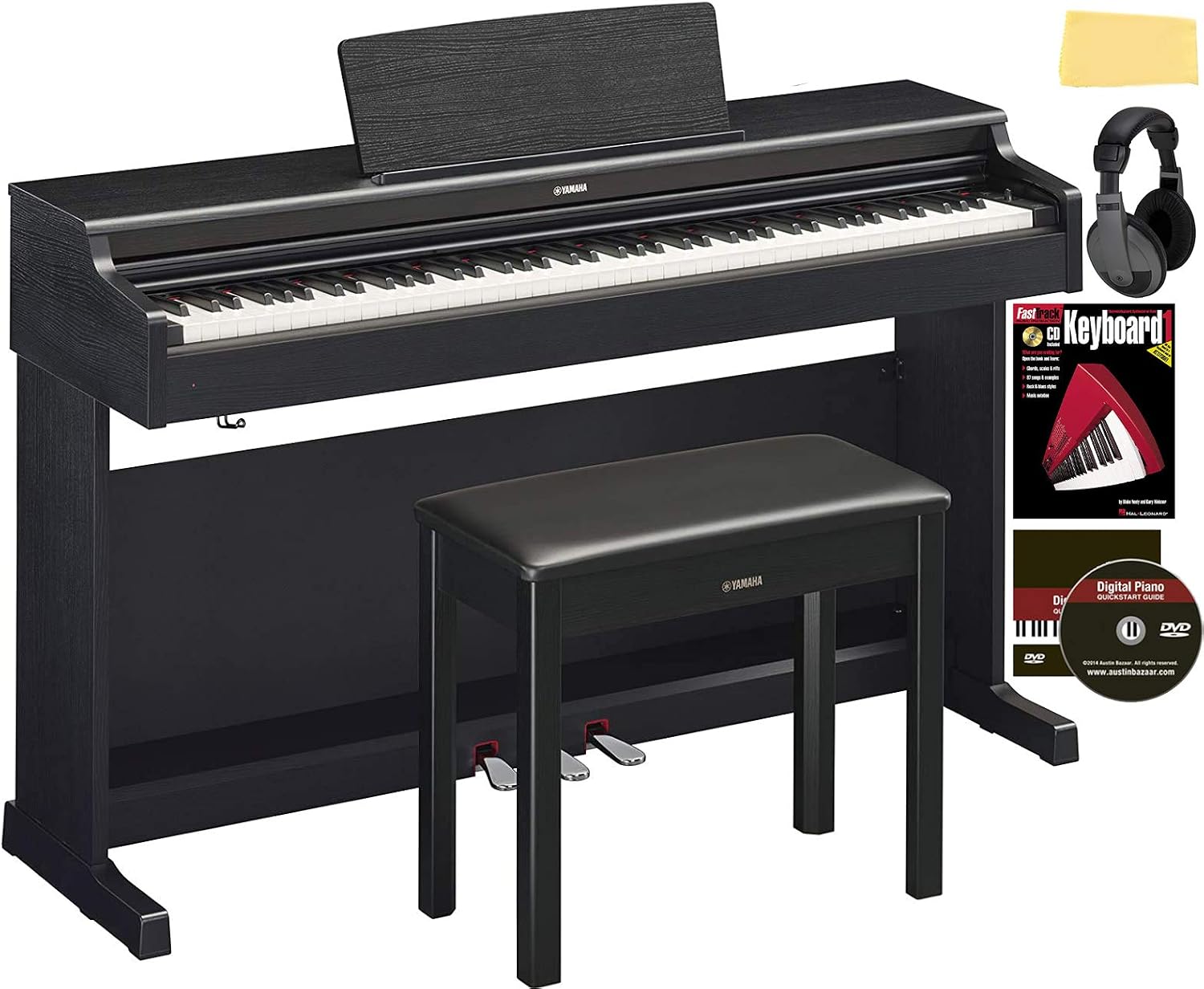YAMAHA Arius YDP-164 Console Digital Piano Bundle with Furniture Bench, Headphones, Instructional Book, Austin Bazaar Instructional DVD, and Polishing Cloth - Black