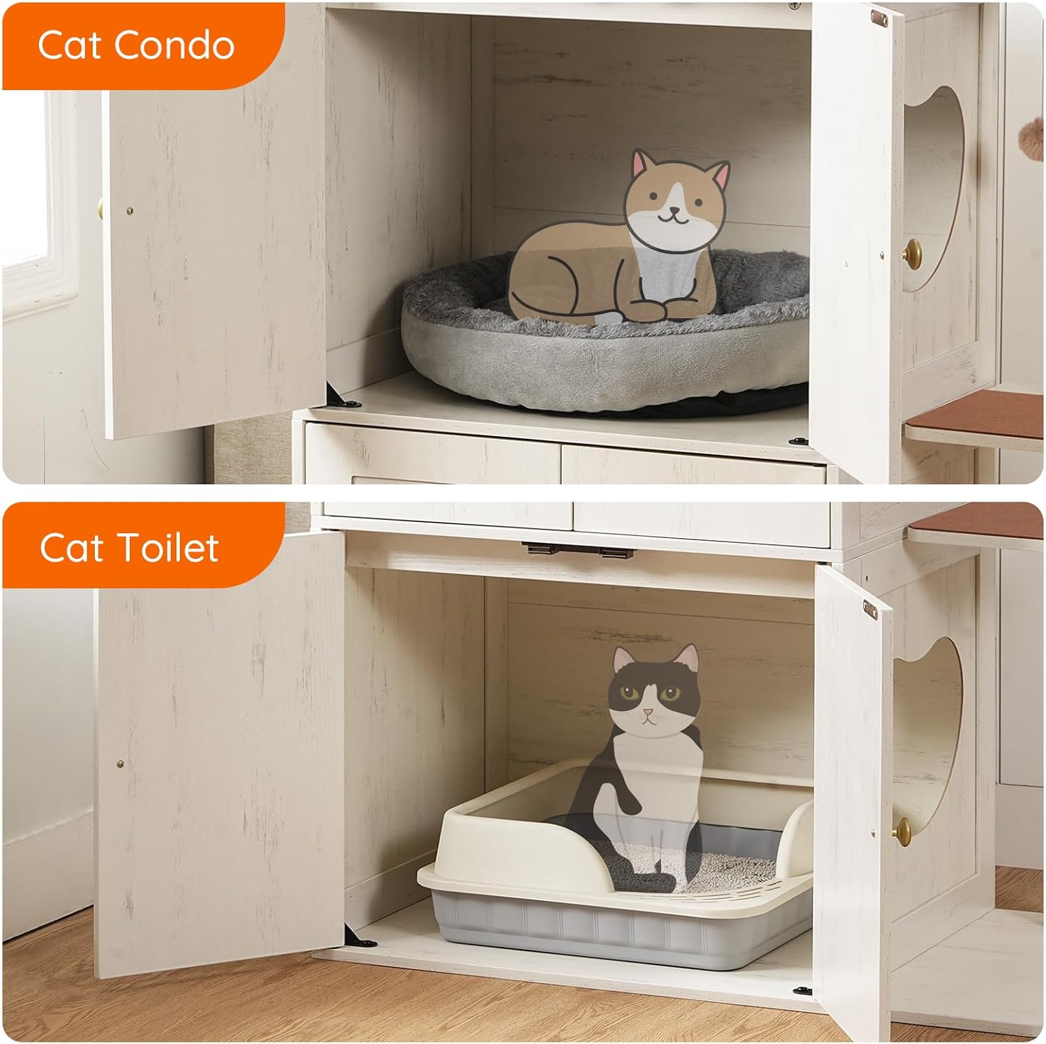 HOOBRO 2-Tier Cat Litter Box Enclosure, Dog Proof Double Litter Box Cabinet with Teaser Ball, 2 in 1 Hide Litter Box with Sisal Post, Cat House with 2 Love Entrances, Cloud White and Walnut WH26MW01