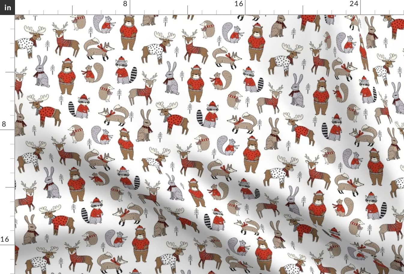 Spoonflower Fabric - Woodland Christmas Animals Bear Fox Deer Raccoon White Red Forest Printed on Upholstery Velvet Fabric Fat Quarter - Upholstery Home Decor Bottomweight Apparel
