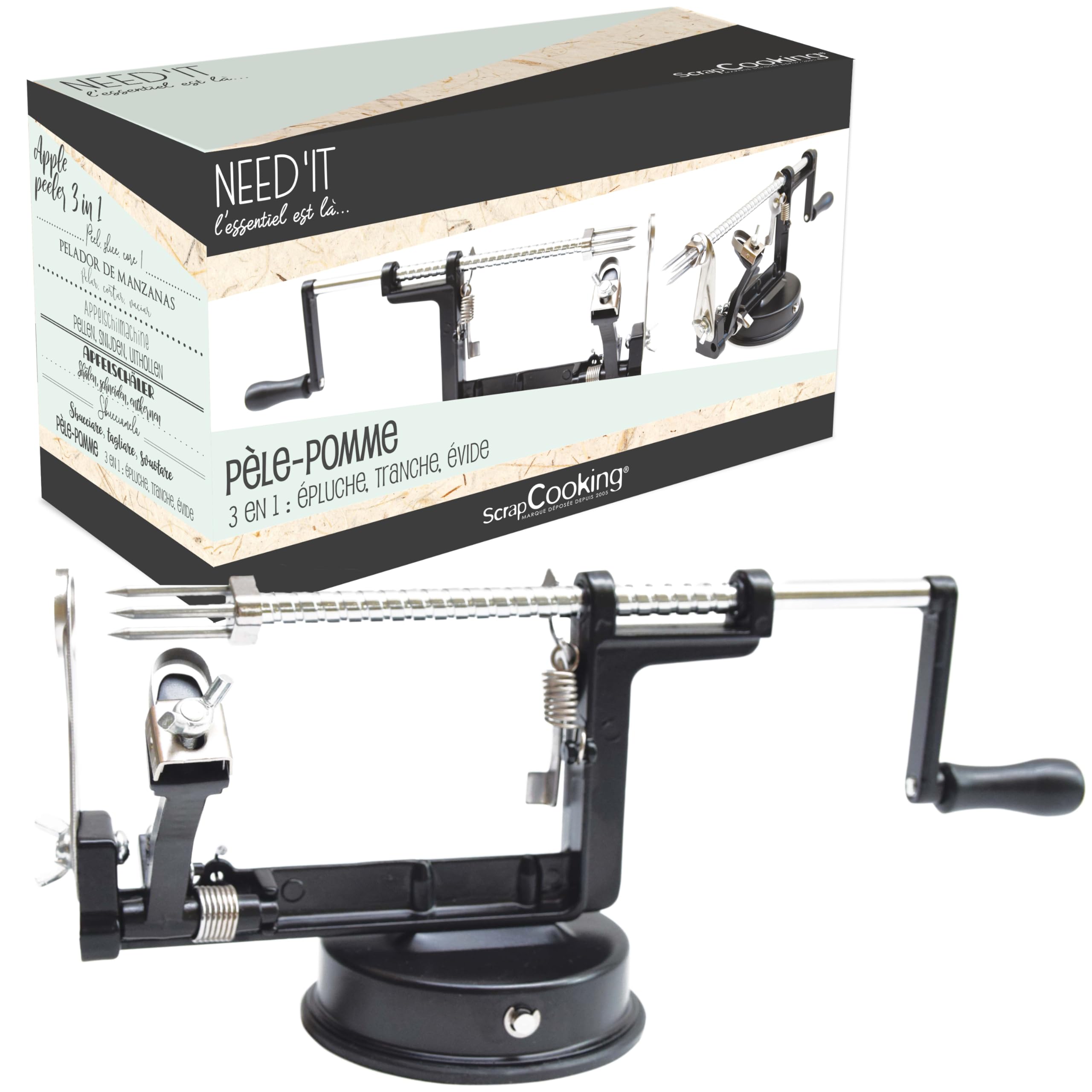 ScrapCooking - Pelador de Manzanas 3 en 1 Need’it - De Metal - Pelador, Cortador y Descorazonador de Calidad Profesional - Acero Inoxidable - Pastel Tartas - Negro - 5255