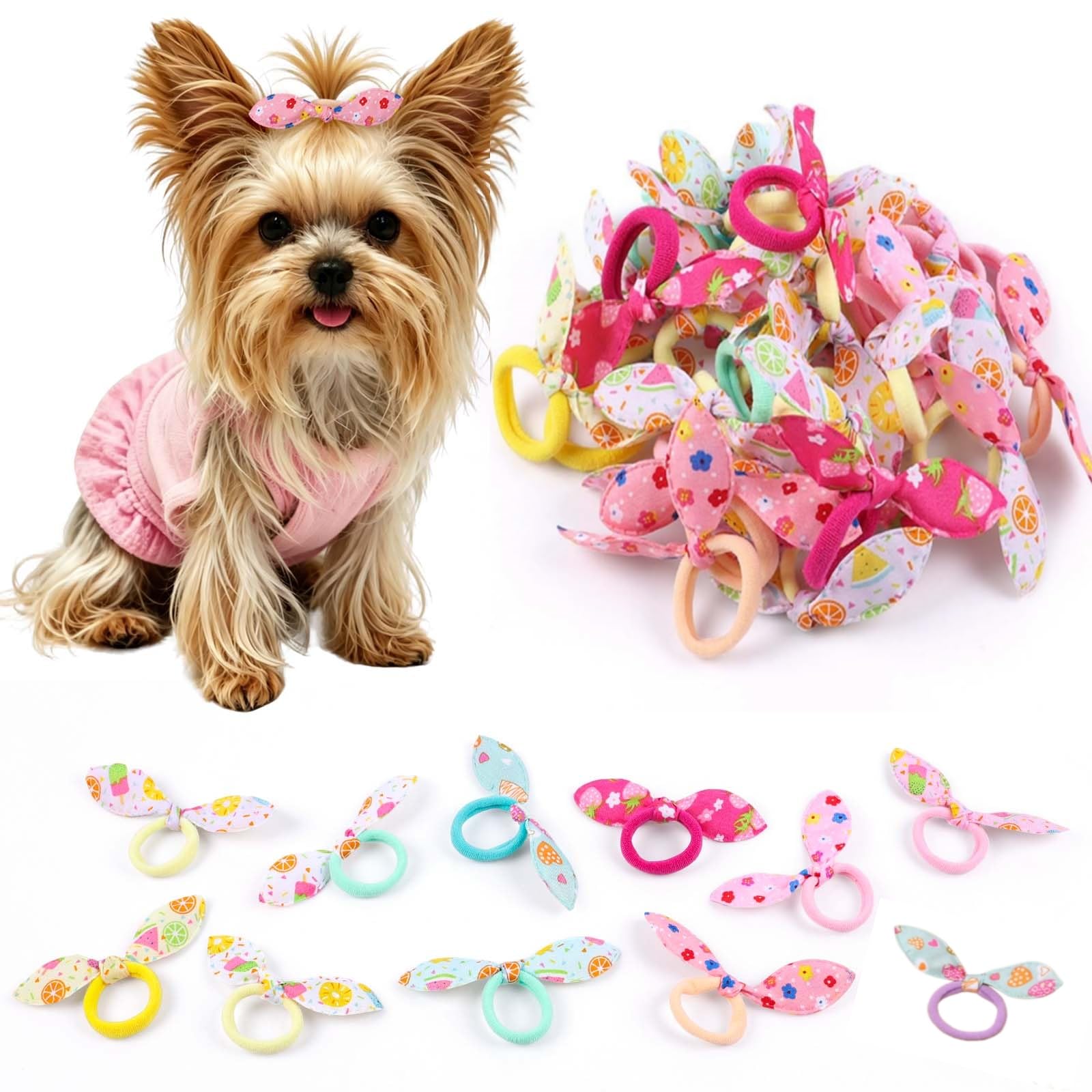 Yaopelky 50Pcs Dog Hair Bows with Elastic Bands Cute Pet Hair Ties Topknot Bows for Small Dogs No Hurt Bowknots for Yorkie Maltese Puppy Grooming Accessories (Fruit Print)