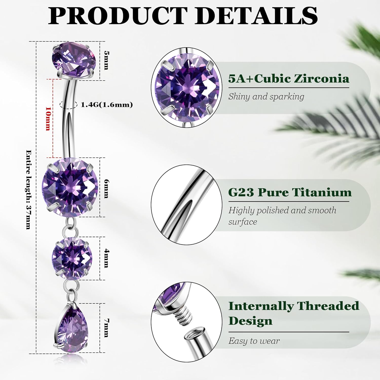 REVOLIA 14G G23 Pure Titanium Dangle Belly Button Ring for Women Teardrop Navel Ring Dangling CZ Belly Ring Internally Threaded Belly Button Piercing Jewelry 10MM - Image 3