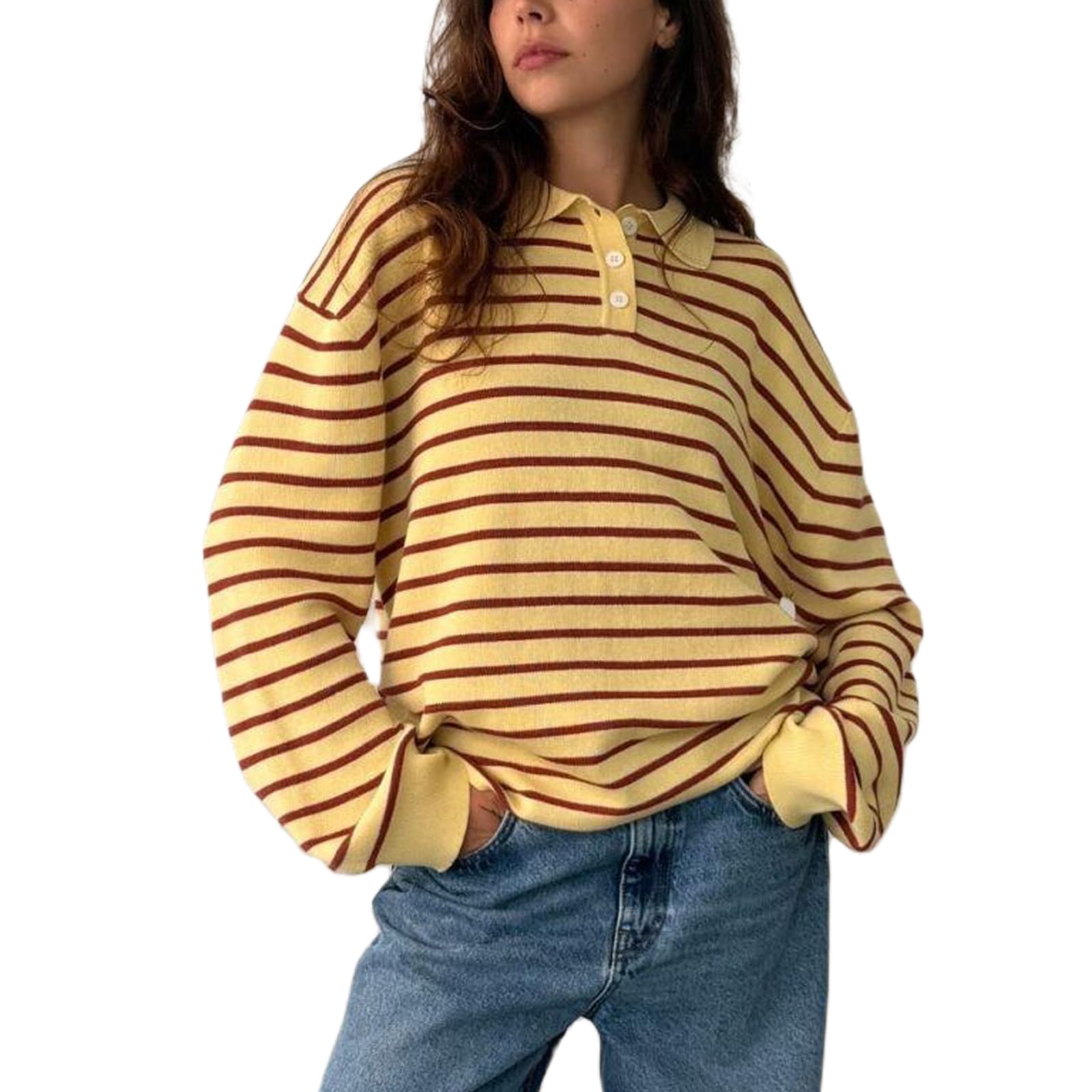 Women Polo Collar Striped Long Sleeve Sweater Y2k Long Sleeve Vintage Stripped Knit Oversized Sweatshirt Shirts