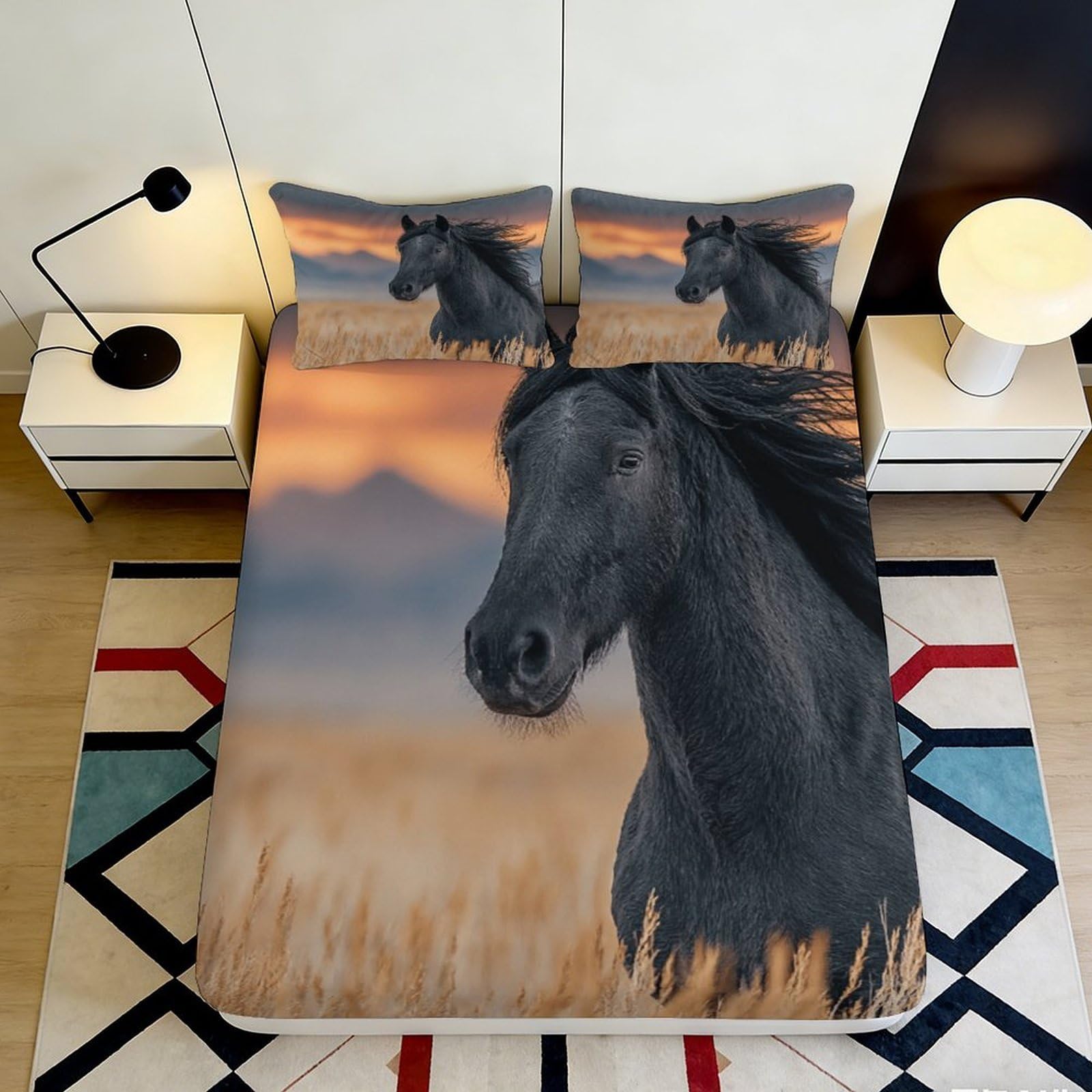 3D Printed Black Horse Fitted Sheet Microfiber Soft Breathable Wild Sunset Bed Cover for Bedroom Guest Room Decor 90x200x25cm
