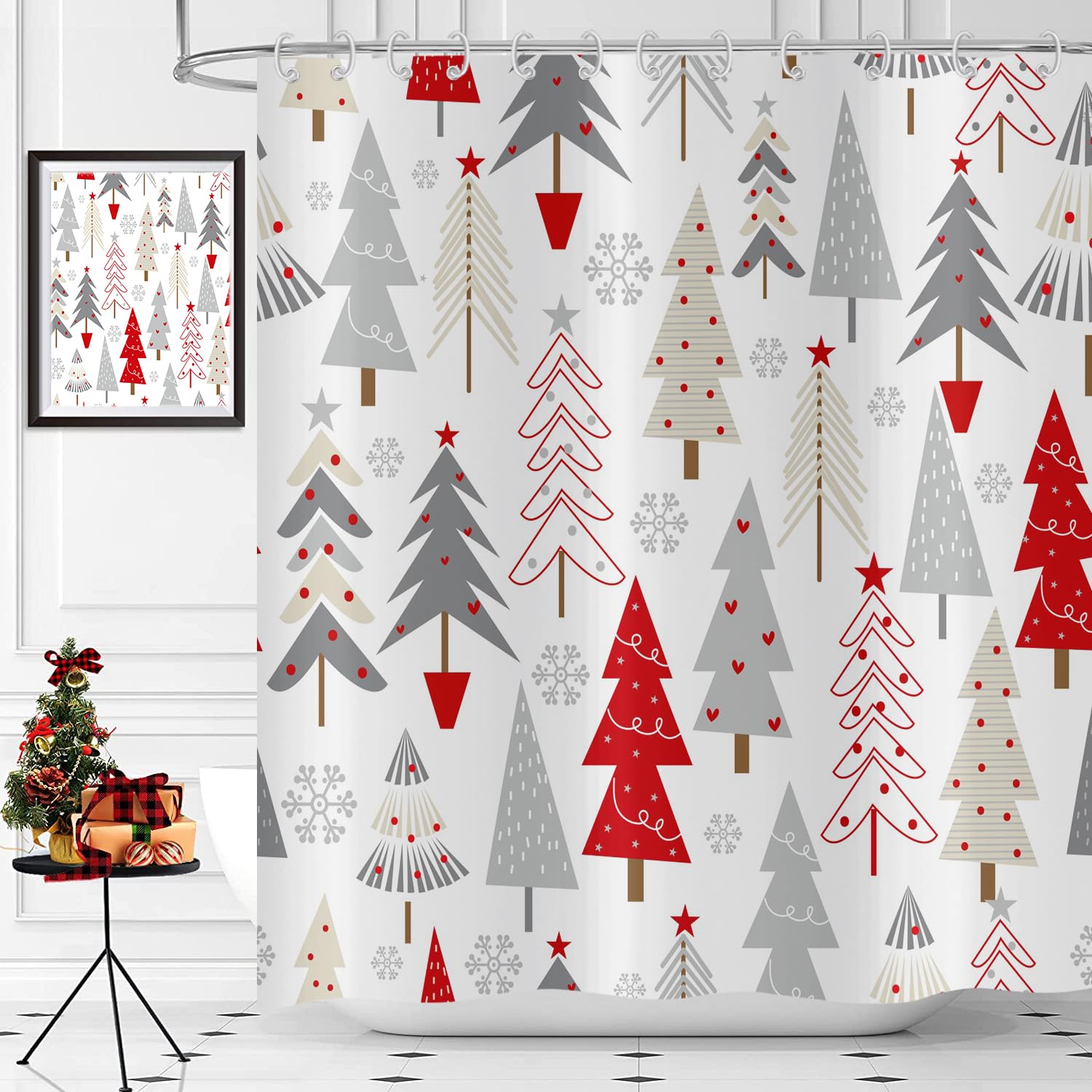 Hnmdmyi Cortina de Ducha Navidad 180x200, Rojo Gris Beige Árboles de Navidad Estrellas Copo de Nieve de Invierno Feliz Año Nuevo Holiday Cortina de Baño Tela Impermeable Lavable Cortina de Baño