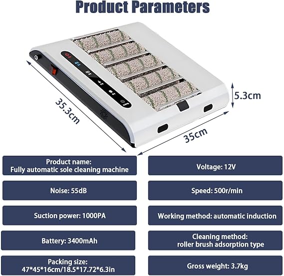 Fully Automatic Shoe Sole Cleaning Machine,Sole Cleaning Machine, Quick Wipe in 5 Seconds, 1000PA Suction ,Intelligent Induction, 500r/min,for Home Office Workshops