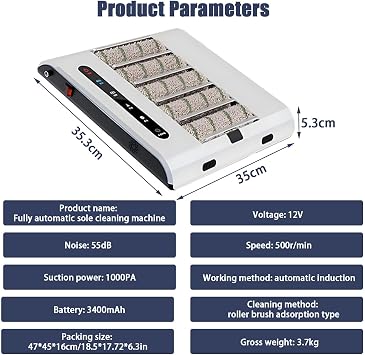 Fully Automatic Shoe Sole Cleaning Machine,Sole Cleaning Machine, Quick Wipe in 5 Seconds, 1000PA Suction ,Intelligent Induction, 500r/min,for Home Office Workshops