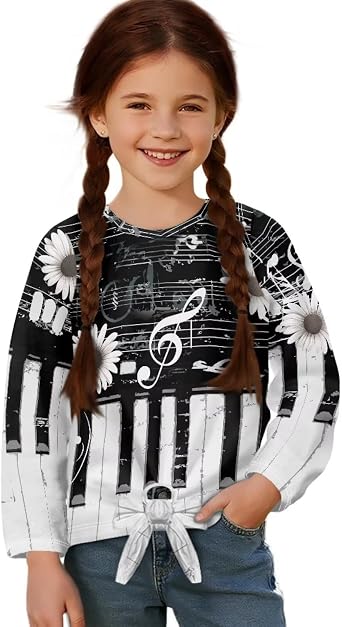 Cute Long Sleeve Shirts for Girls 5-12 Tie Front Shirts Kids Fall Clothes Crewneck Pullover
