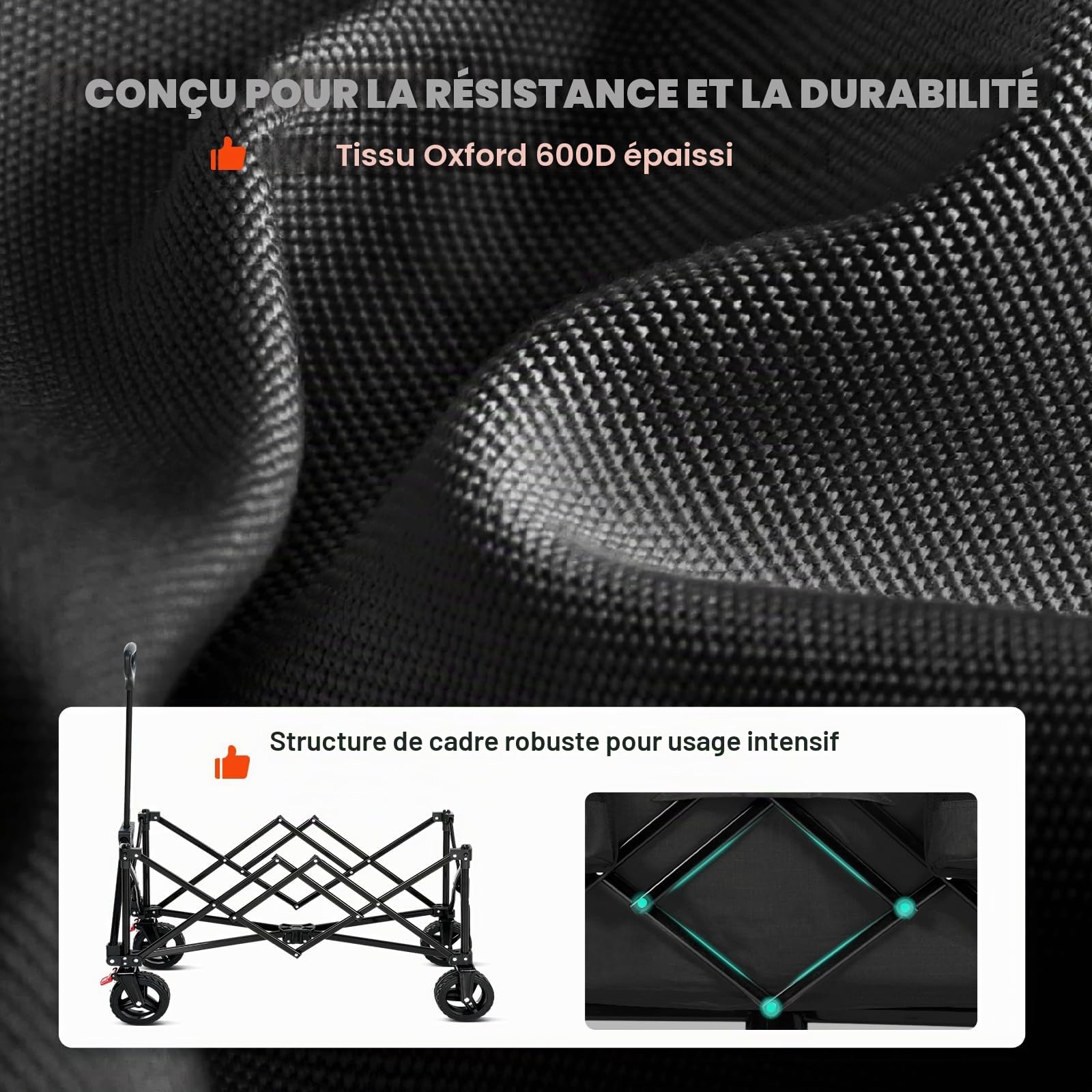 Overmont Chariot à Main Pliable avec Frein de Roue Avant Amovible - Roues Larges - Poche latérale - Porte-gobelet - Poignée réglable - Capacité : 150 I - Capacité de Charge jusqu'à 120 kg