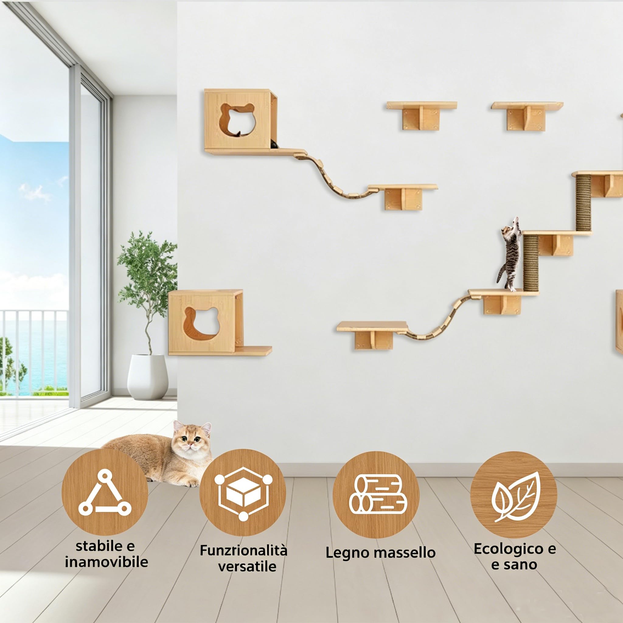 Set da parete per gatti, elementi da parete per gatti, in legno massiccio, set di mobili da parete per gatti, con casetta per gatti, scala per gatti, trampolino per gatti