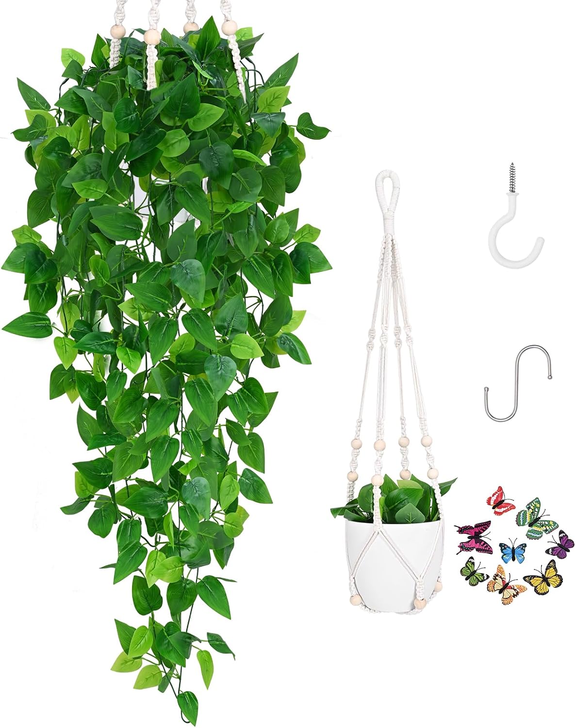 Waipfaru Fake Hanging Plant with Pot and Macrame Plant