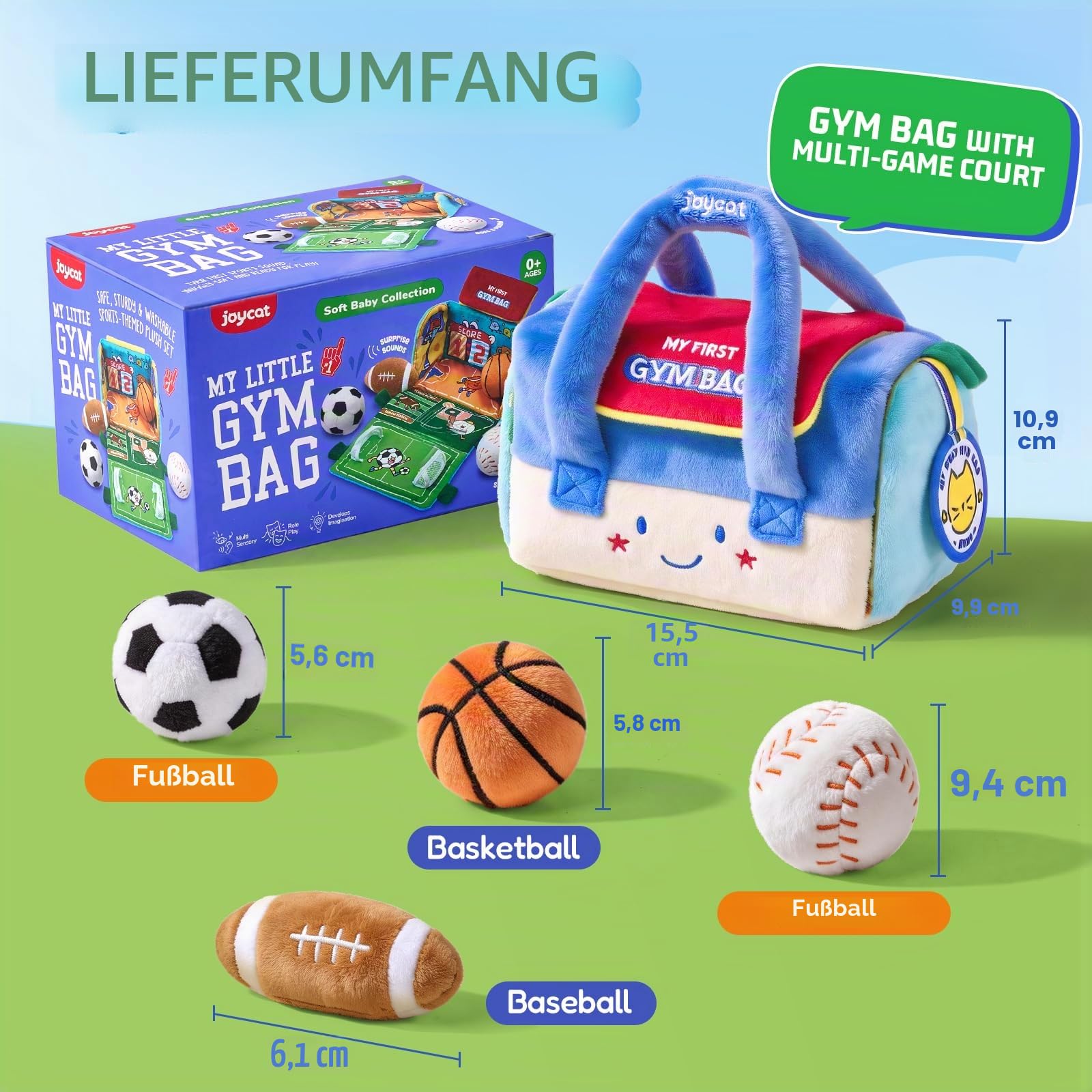 Joycat Baby Spielzeug 0-12 Monate, Mein Erstes Sporttaschen-Spielzeug, 4 Sensorik Bälle mit Multifunktionsspielfeld, Montessori Babyspielzeug 3 6 9 12 Monaten, Tummy Time Baby Geschenke Jungen Mädchen