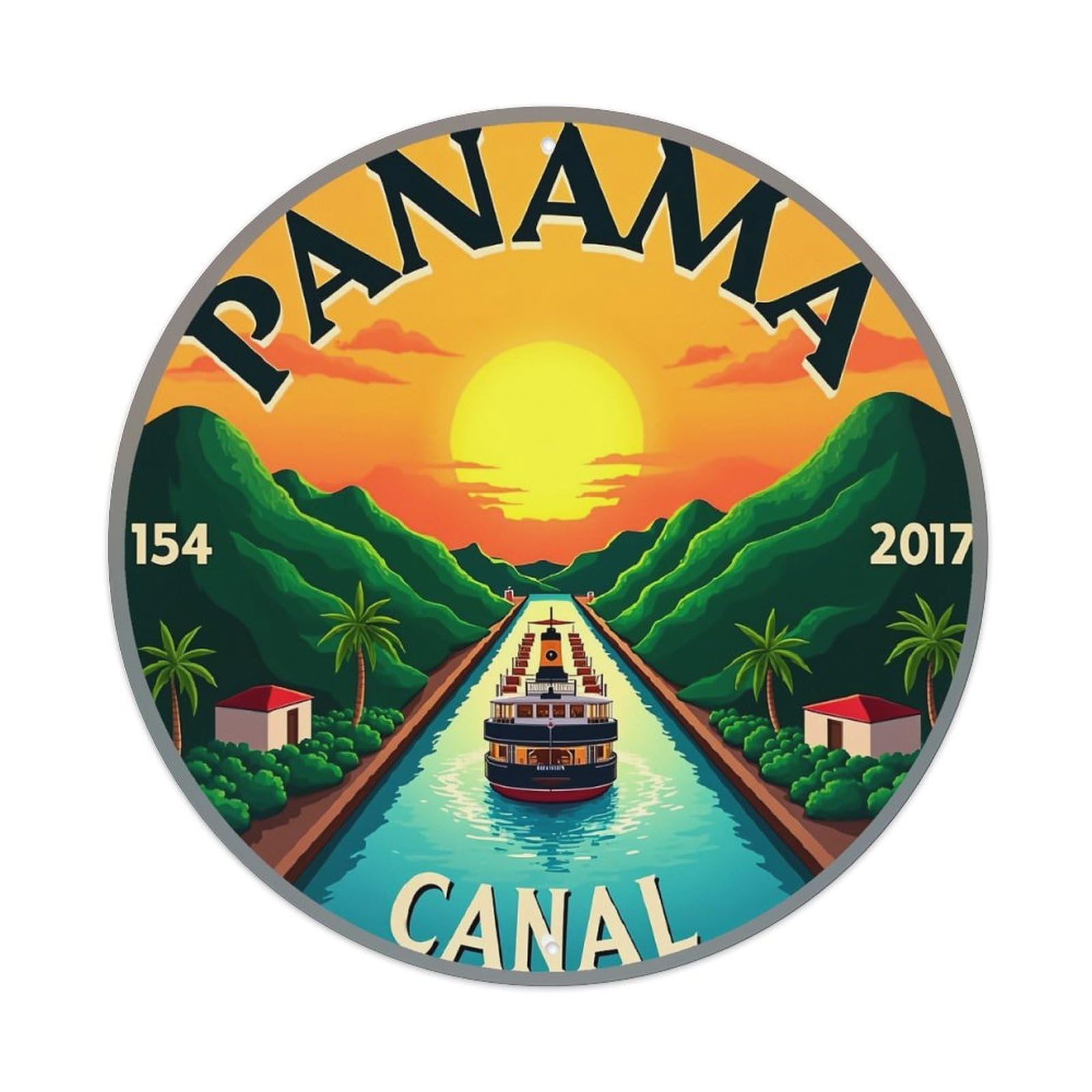 Panama Canal Sunset Cruise Scene Vintage Metal Tin Sign Retro Wall Decor for Home Bar Garage Cafe, Indoor & Outdoor Decorative，circle Metal Poster, 8x8 Inch