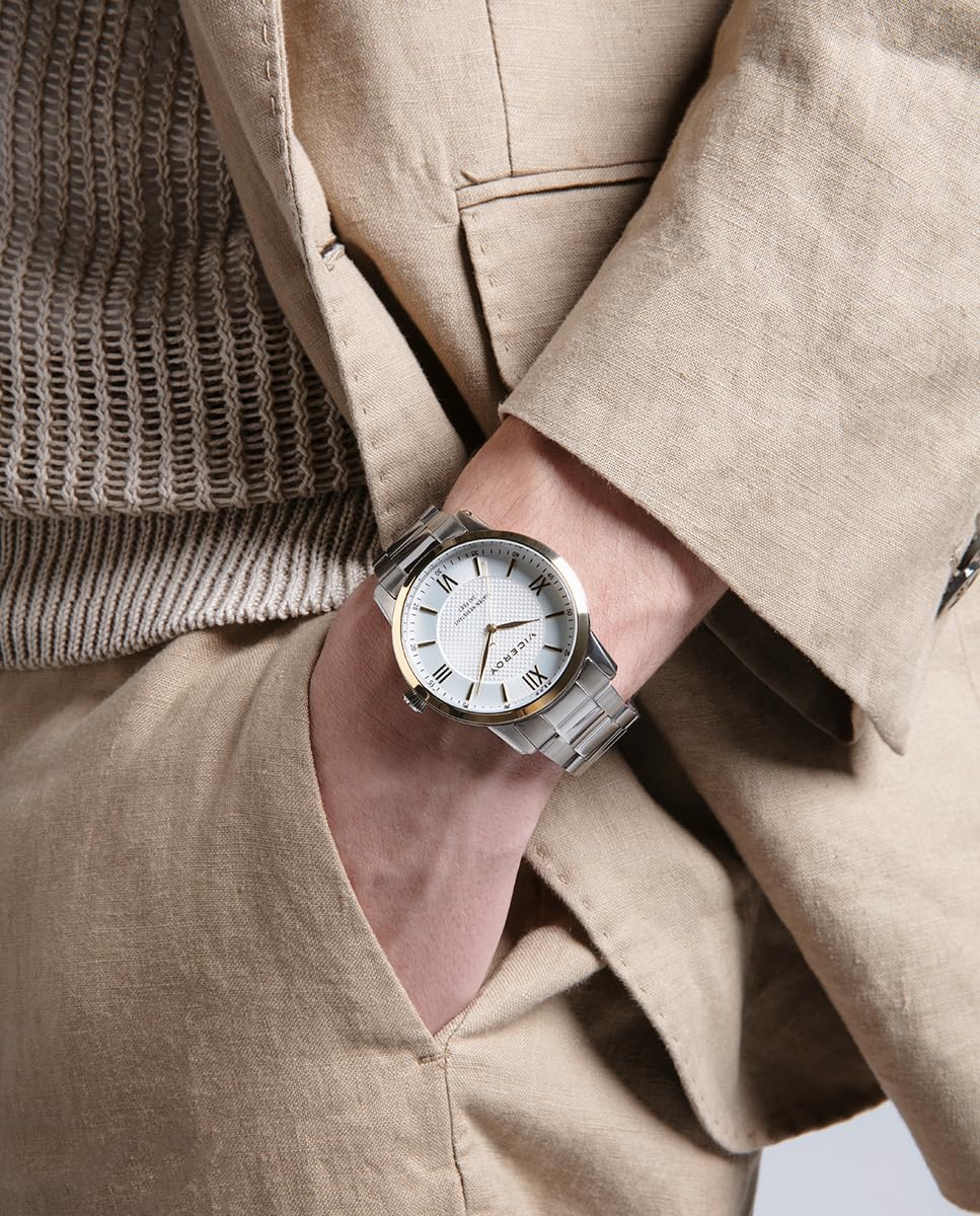 Viceroy Reloj Hombre Elegante de Acero Inoxidable - 40 mm - Movimiento de Cuarzo - Esfera Plateada - Bisel Dorado - Resistente al Agua 10 ATM - Brazalete de Acero - Colección Grand – 41145-83