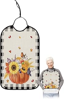 Kewadony Adult Bibs for Elderly Women - Thanksgiving Waterproof Dining Clothing Protectors with Crumb Catcher for Eating/Feeding, Pumpkin Sunflower Maple Leaf Fall Harvest Black Terry Cloth Bib