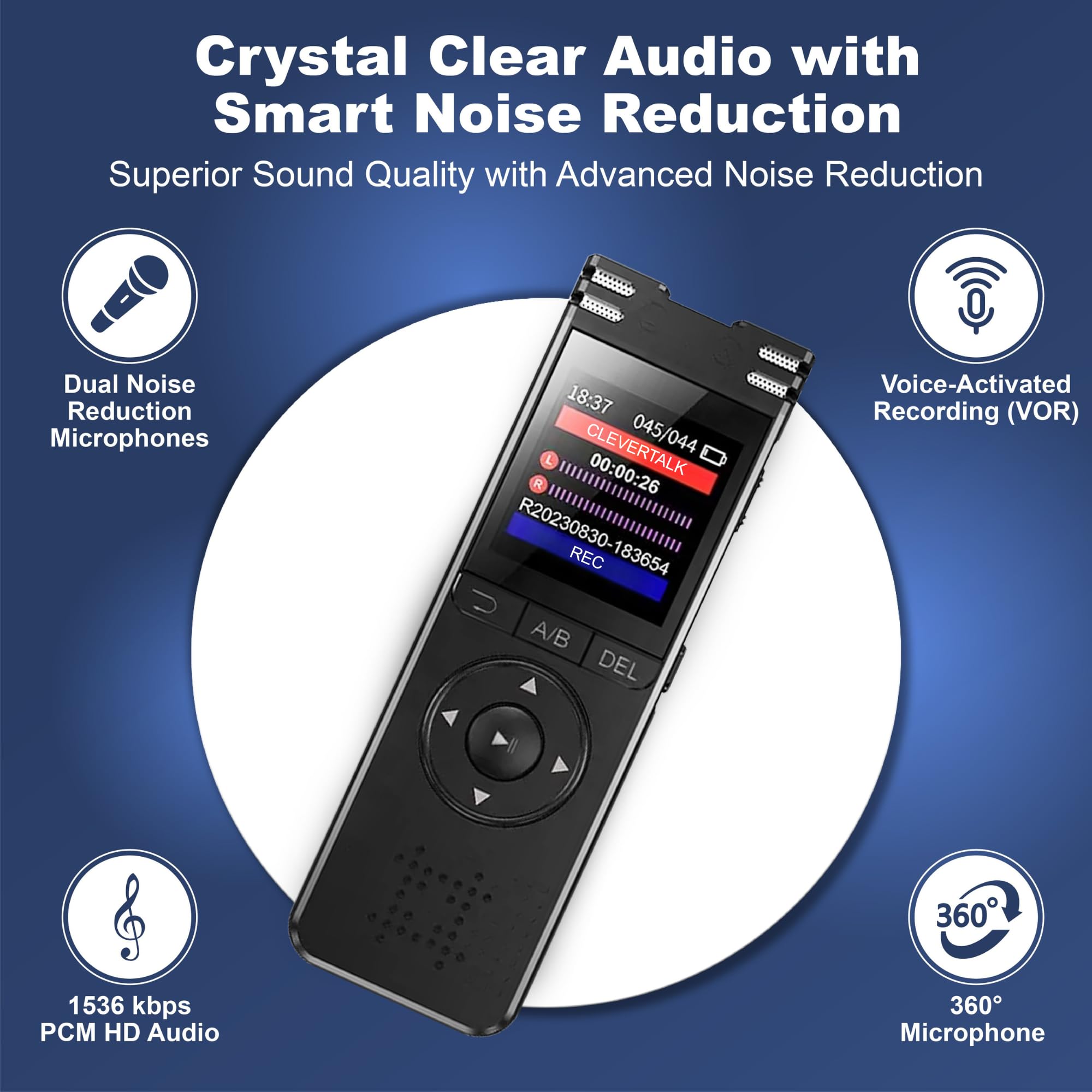 SmartRec Grabadora de Voz con IA | Activación por Voz y Protección con Contraseña | 128GB | App Móvil, Mac, Windows y Web | Cloud Europea GDPR | Audio HD 1536kbps | USB-C