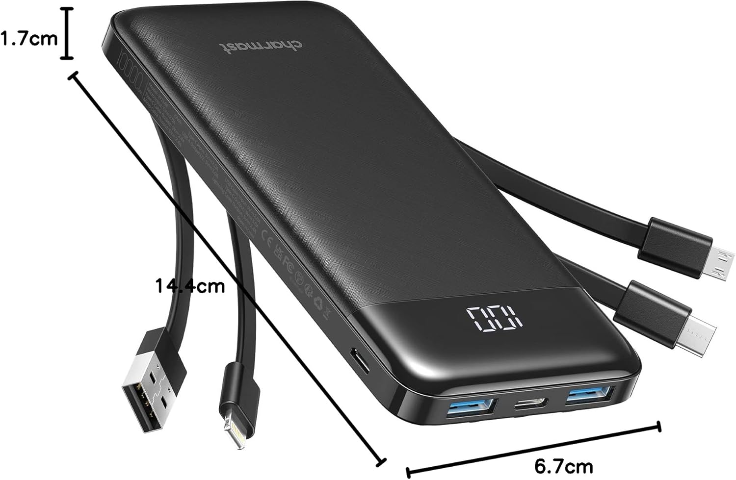 Charmast Power Bank with Built in Cables, 10000mAh USB C Battery Pack 6 Outputs 2 Inputs with LED Display Type C Powerbank Portable Charger Compatible with Smartphones Tablets and More (Black) - Image 9