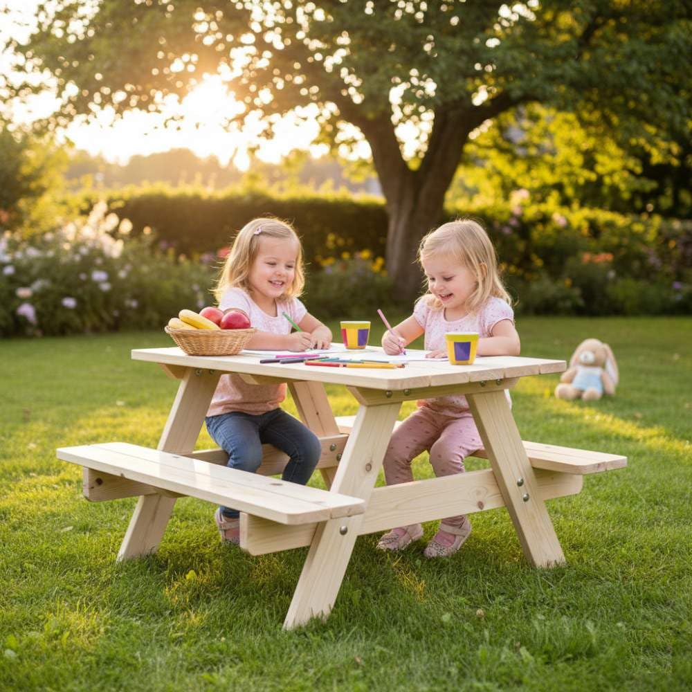 SUNWOOD Tavolo Picnic per Bambini in Legno di Pino Nordico da Esterno, 90x90x50 cm, Set Giardino con Panche Integrate, Struttura Robusta 23mm, Angoli Arrotondati, Preassemblato, Made in Italy