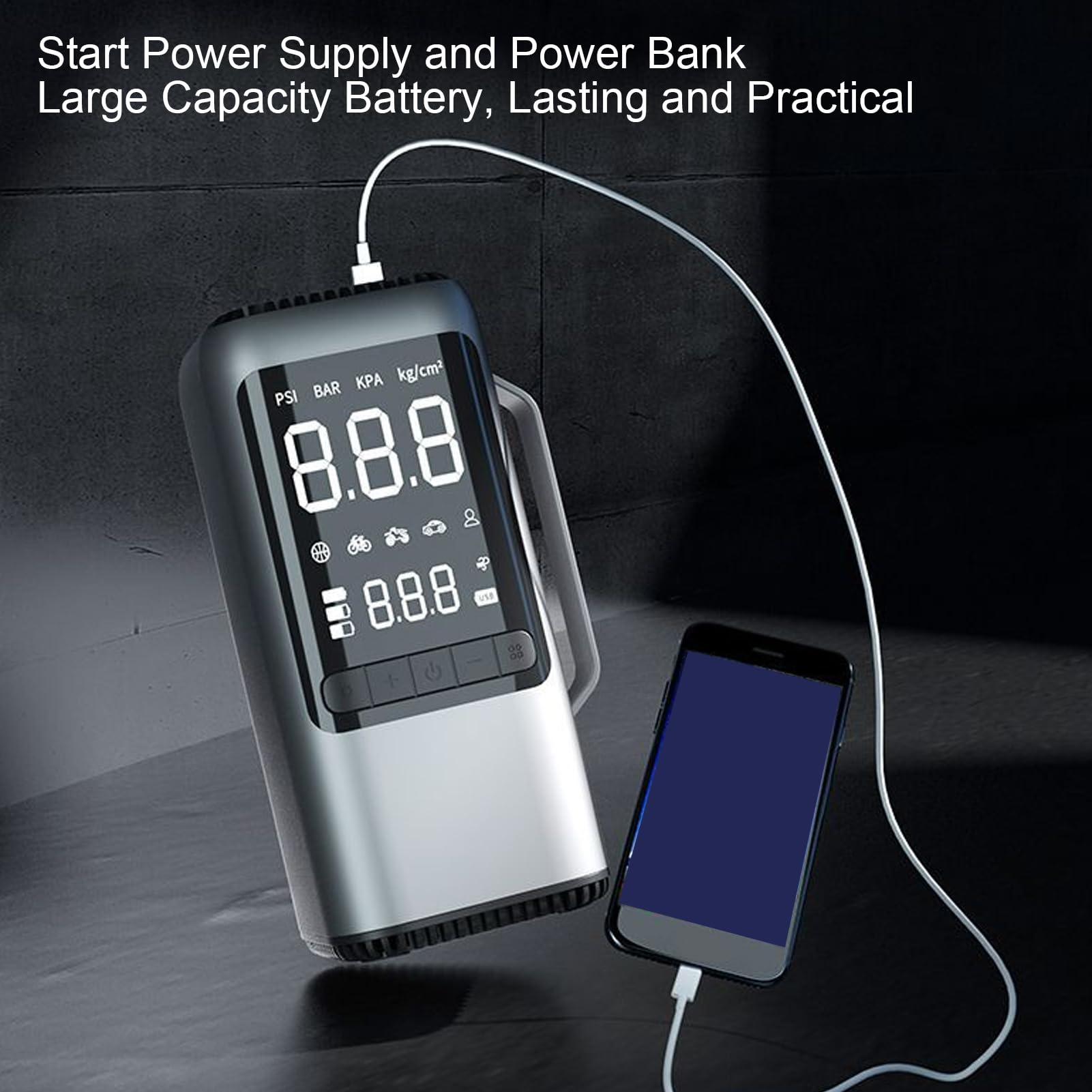 Arrancador de BateríA para Automóvil de Corriente Máxima de 2500 A con Compresor de Aire Arrancador de Emergencia Inflador Aspiradora 8000 MAh 8 Boquillas Cable de Carga USB