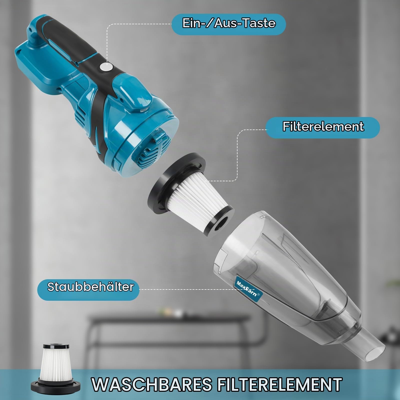Akku Staubsauger für Makita 18V Batterie, 10500Pa Tragbarer Handstaubsauger, 140W Leistung Auto Staubsauger mit 4 Bürstenkopf, Nass & Trocken Mini Handsauger für Zuhause, Auto (ohne Akku)