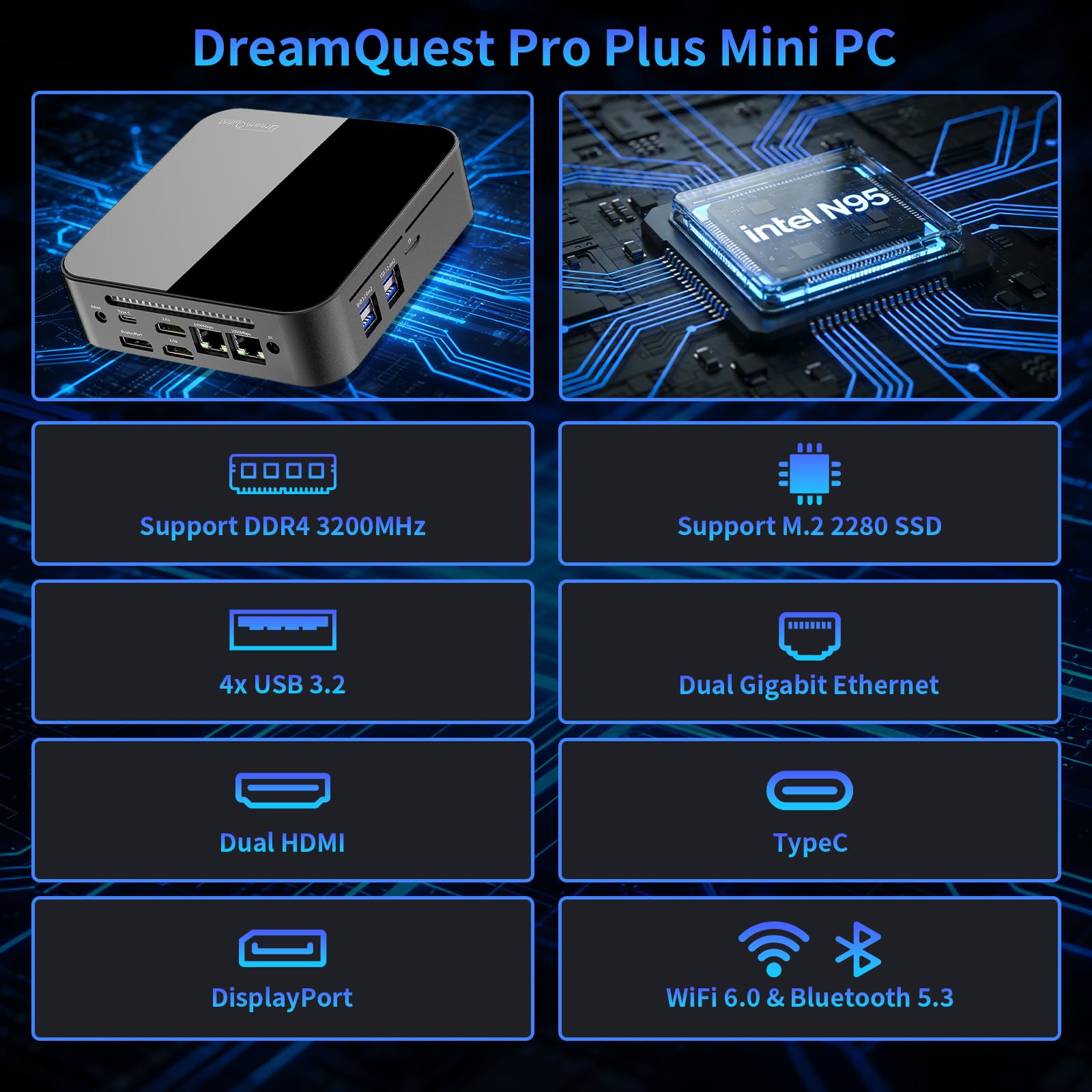 DreamQuest Mini PC Barebone Intel N95 der 12. Generation (bis zu 3,4 GHz), Micro Desktop Computer ohne RAM/SSD, Unterstützt DDR4/NVMe SSD, Type-C, 4K HDMI, USB 3.2, WiFi 5, BT 5.0, Gigabit Ethernet