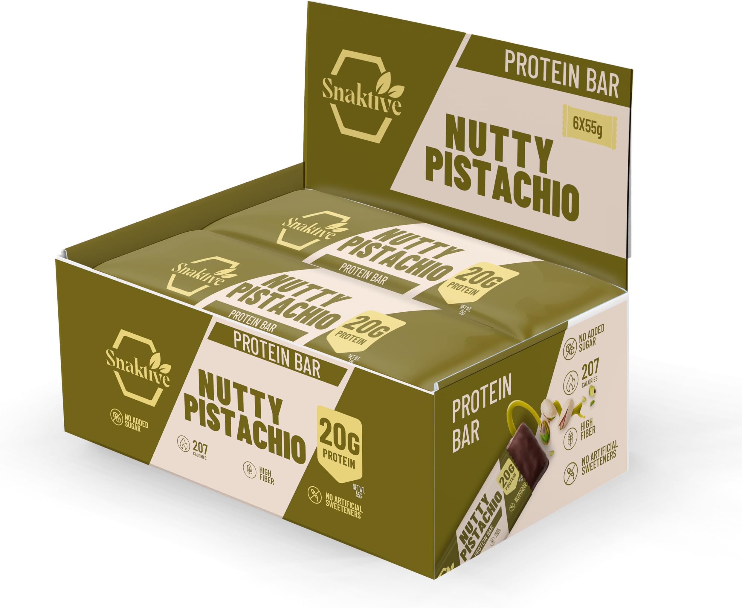 Nutty Pistachio Protein Bar, High Protein and High Fiber Natural Clean Bar, 6x55G Crunchy Bars, Pre & Probiotics