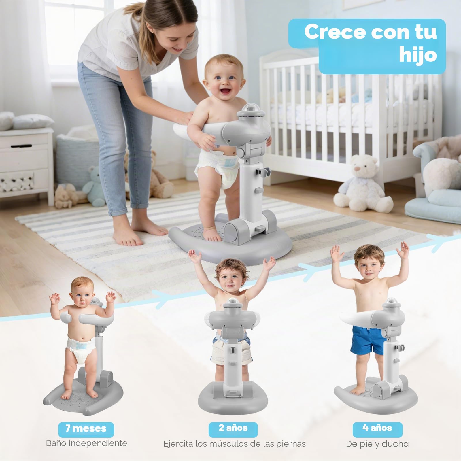 Soporte de ducha ajustable para niños, soporte para ducha de bebé, plegable 2 en 1, con taburete