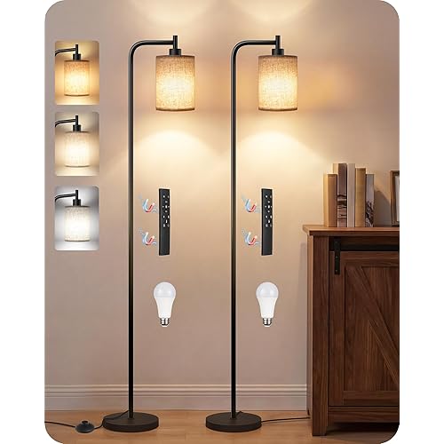 2Pack Dimmable Floor Lamp for Living Room with Remote and Foot Switch, Modern Standing, Corner Lamp,10W Bulb 3 Color Temperatures, for Bedroom, Office, ETL Listed, Black and Beige E19LDP205