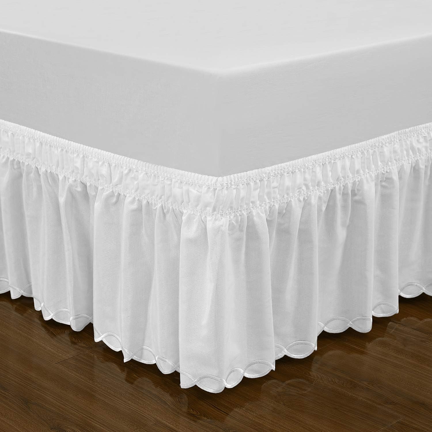QSY Home Wrap Around Elastic Eyelet Bed Skirts Dust Ruffle Three Fabric Sides Easy On/Easy Off Adjustable Polyester Cotton 14 1/2 Inches Drop(White Queen/King)