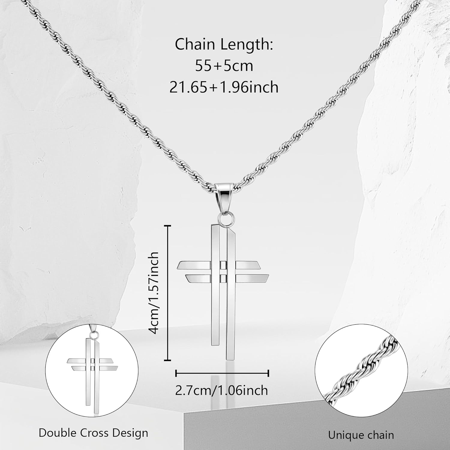 ALEXCRAFT Stainless Steel Cross Necklace for Men Double Cross Stainless Steel Necklaces for Women Trendy Crucifix Pendant with 21inch Rope Chain - Image 3