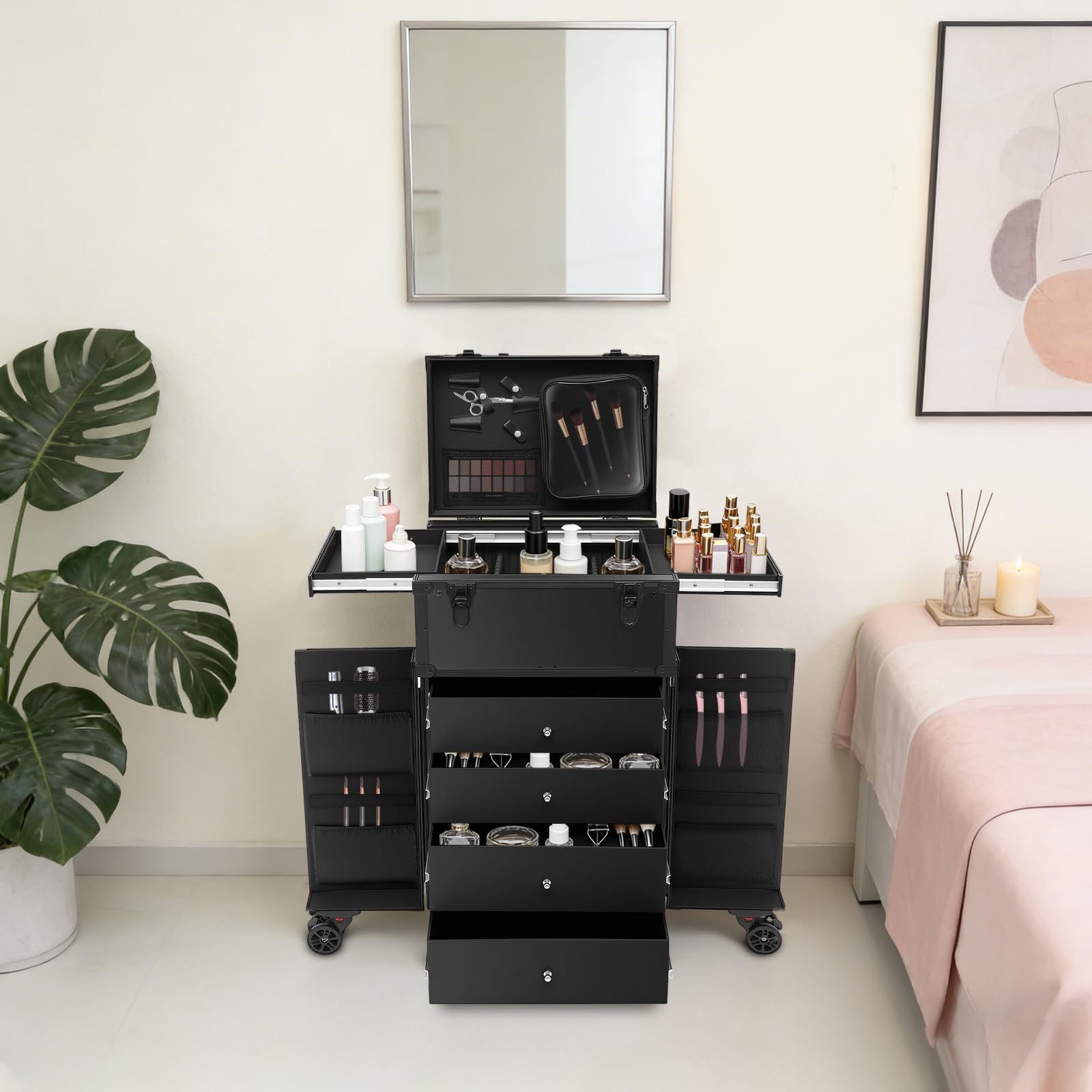 Valigetta per trucchi con ruote, in alluminio, grande beauty make-up, con 4 cassetti, manico telescopico richiudibile, per parrucchiere e parrucchiere