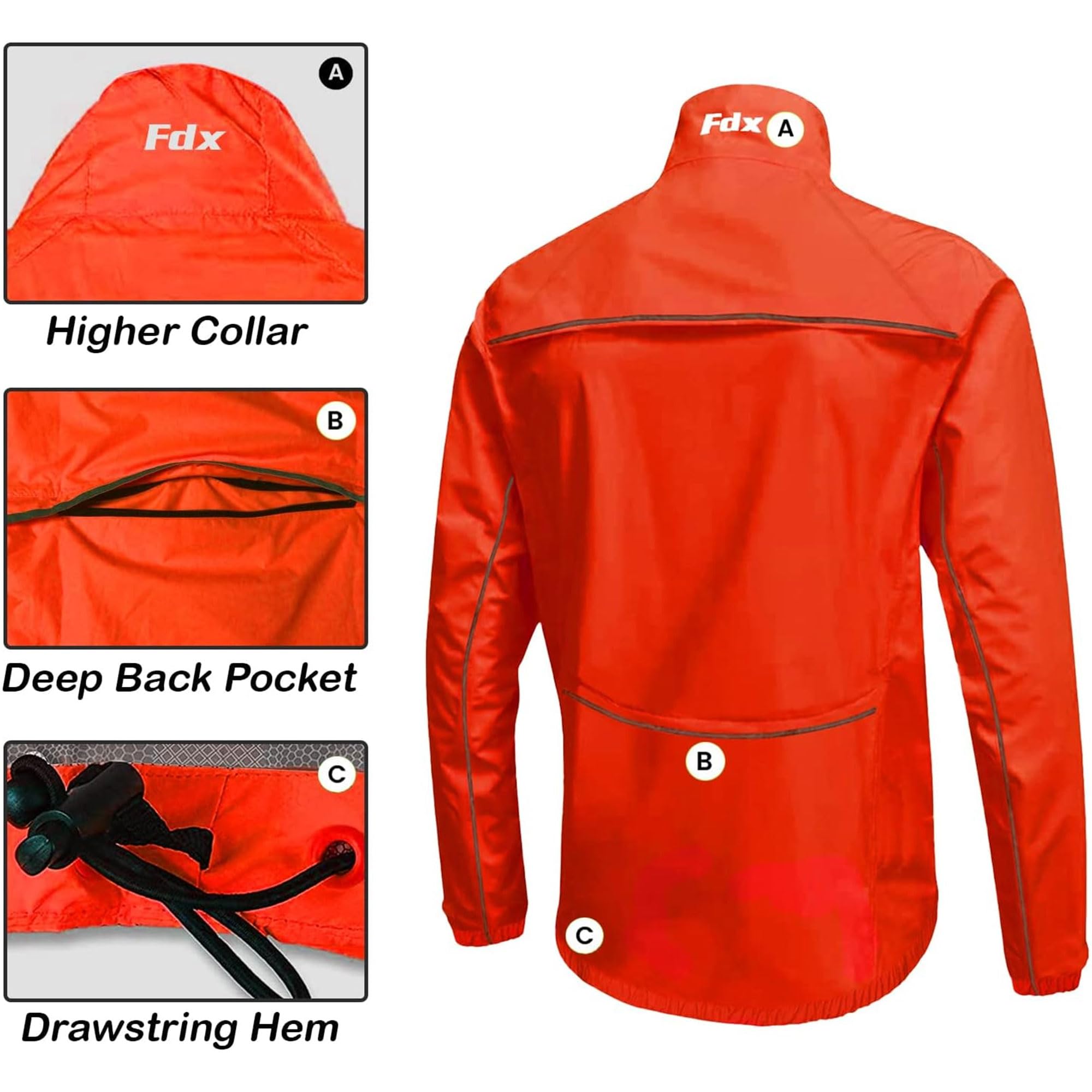 FDX Giacca ciclismo uomo impermeabile, leggera e traspirante – top riflettente ad alta visibilità con maniche lunghe – antivento con sacchetto ripiegabile per corsa e MTB