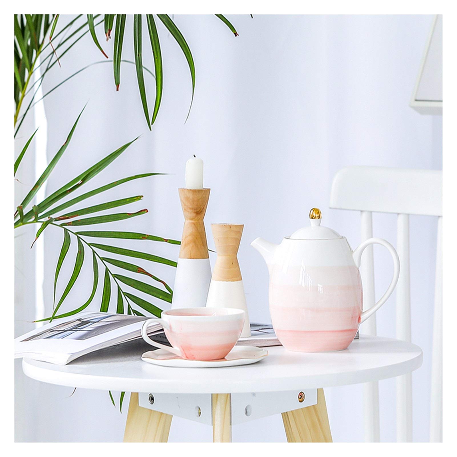 Tazas de café grandes de cerámica, Juego de taza y platillo té cerámica multicolor con cuchara bañada en oro, paquete 2(Roze)
