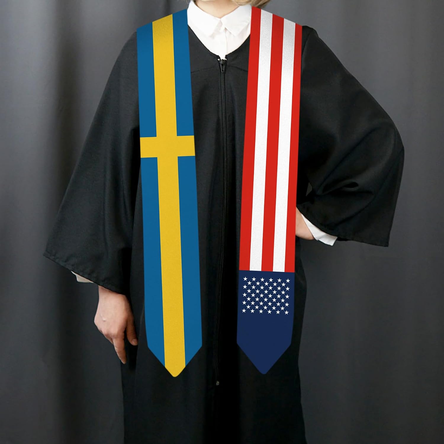 72 Inch Sweden Flag and USA Flag Graduation Sash Unisex Adults Graduation Stole Scarf International Class of 2025 (Not Include Baccalaureate Gown and Hat)