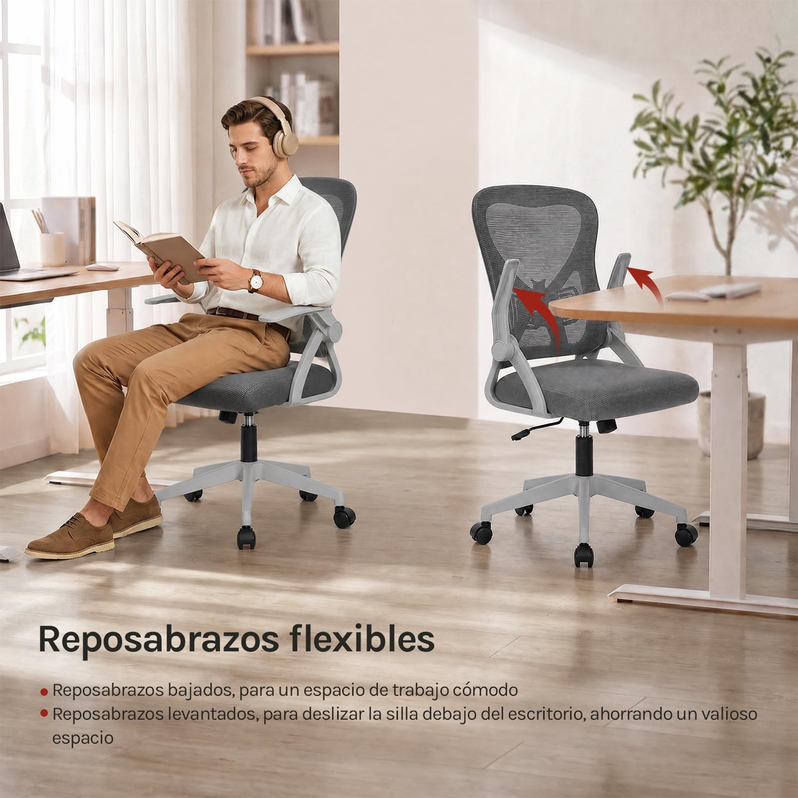 WOLTU Silla de Oficina Ergonómica, Silla de Escritorio, Gris | Soporte Lumbar y Ruedas, Función Oscilante y Giratoria de 360°, Altura y Reposabrazos Ajustable, para Estudio u Oficina