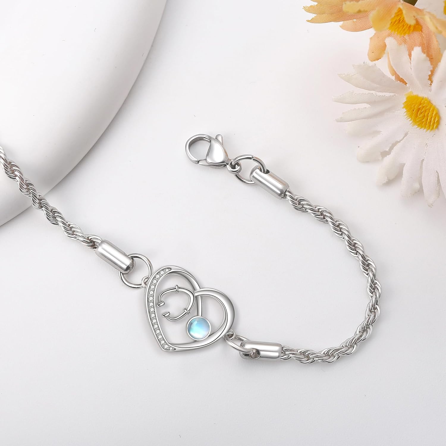 Nurse Gifts for Nurses 925 Sterling Silver Stethoscope Moonstone Bracelet RN Nurse Appreciation Jewelry Gift for Women Medical