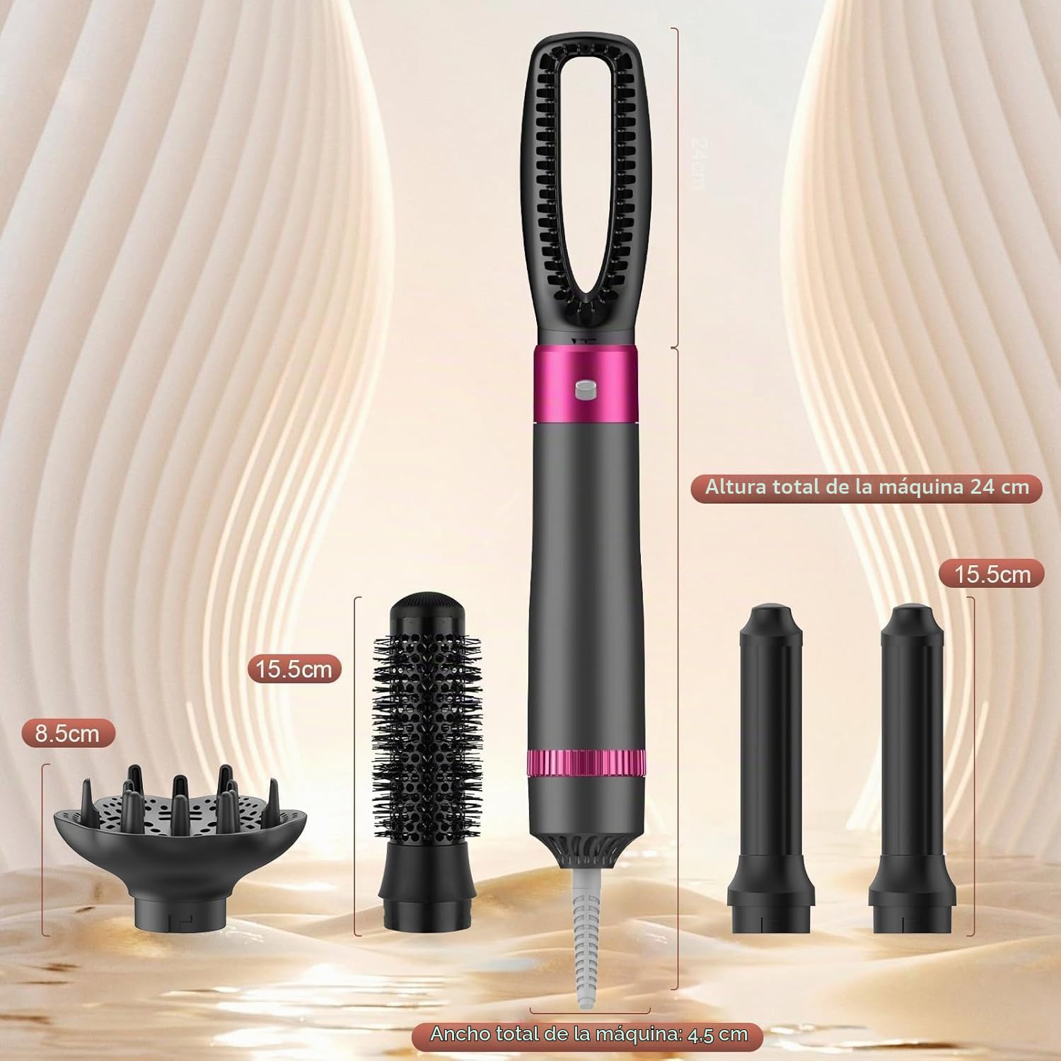 Cepillo Secador de Pelo 5 en 1,Multifunción Air Styler Set 1000W, Cepillo de Aire Caliente Multifunción, Moldeador Pelo With Riza 3 Temperaturas 5 Accesorios para Alisar, Volumen y Secar el Cabello